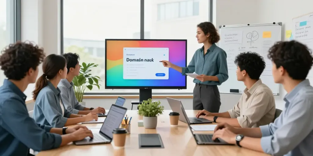 Team conducting a domain name search UK in a modern office environment with screens displaying options and brainstorming notes.