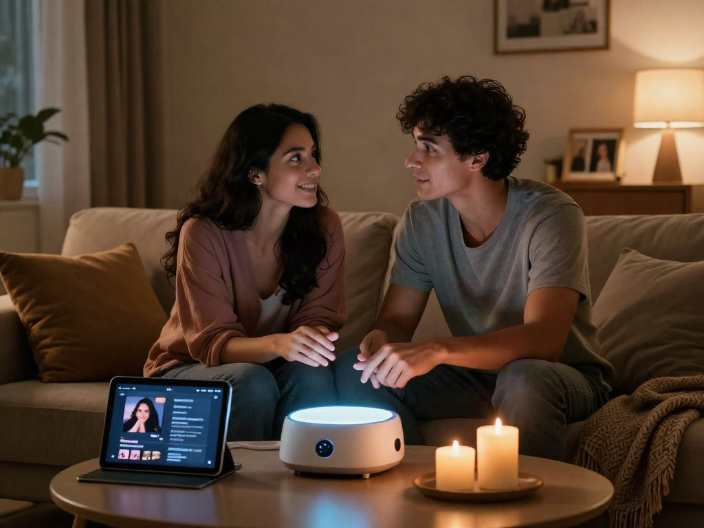 Couple using ai sex technology for deeper connection in a cozy environment