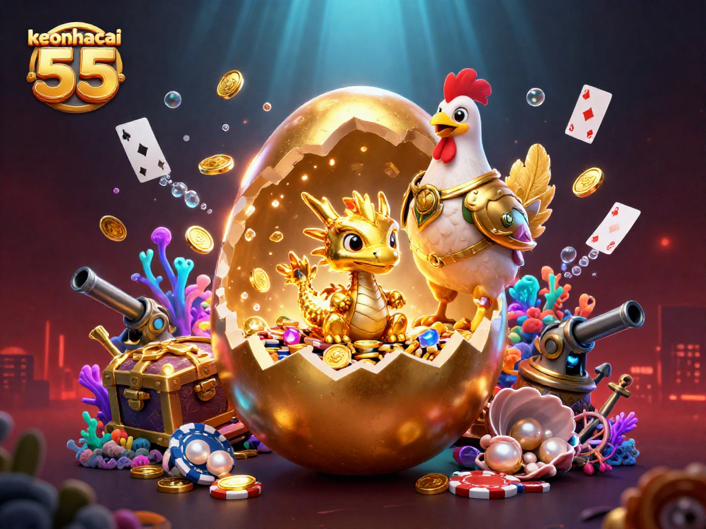Engage with keonhacai 55 in a vibrant cartoon scene featuring a golden dragon and poker chips.