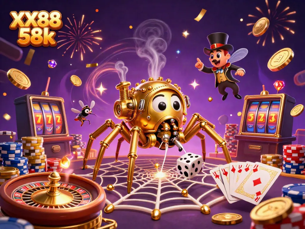 Engage with the excitement of XX88 58k as a whimsical steampunk scene unfolds in a vibrant casino world.