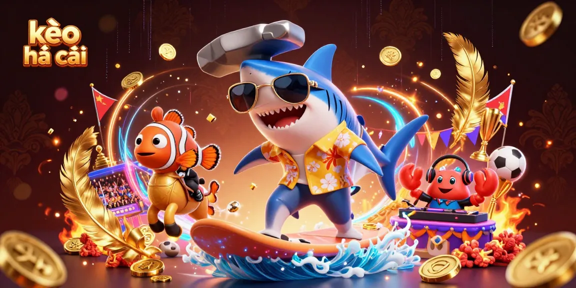 Engage with kèo nhà cái as vibrant cartoon characters celebrate sports betting amidst dynamic casino elements.