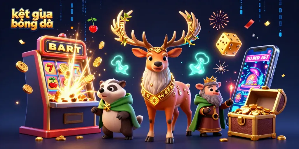 Experience kết quả bóng đá with vibrant slot machines and glowing casino characters in an immersive gaming scene.