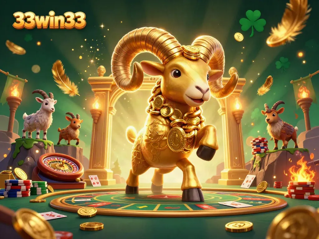 Experience the excitement of winning at the 33win33 casino with a golden ram charging through a live gaming arena.