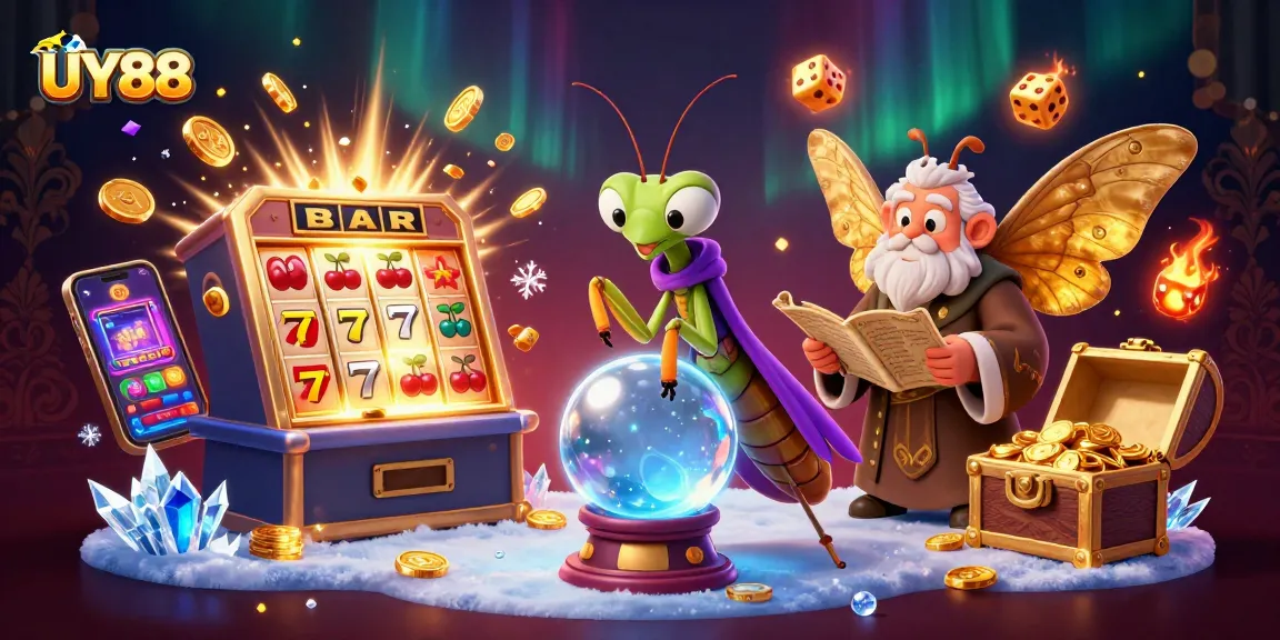Experience UY88 with a vibrant scene full of slot machines, fortune tellers, and magical oracles.