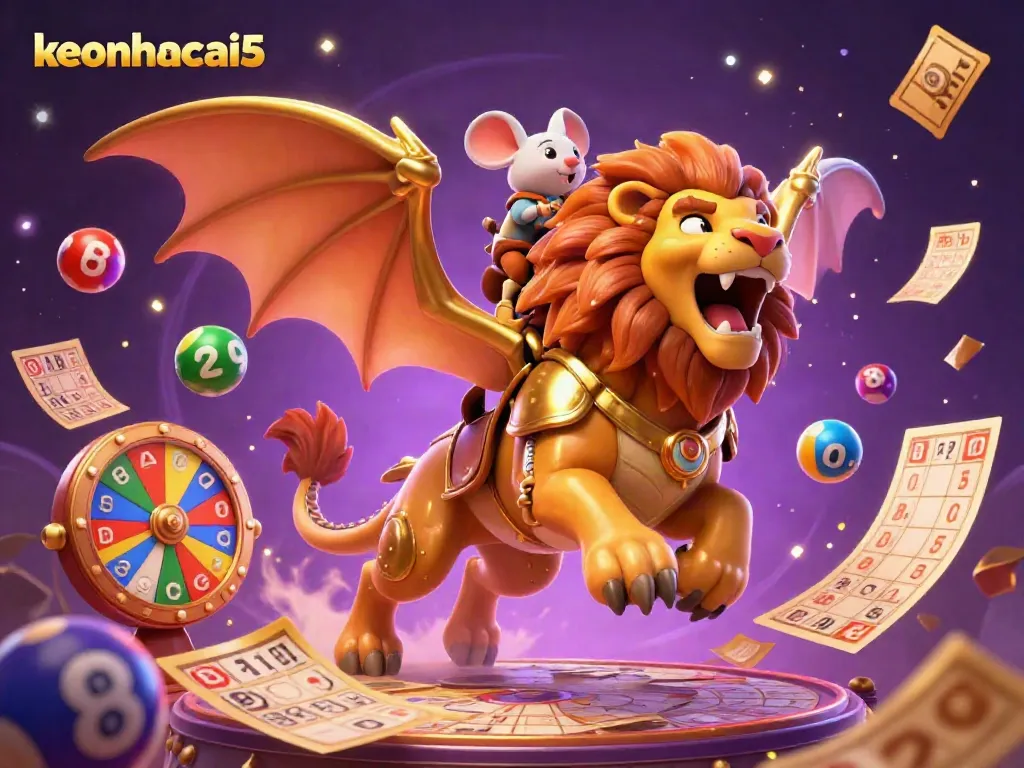 Experience the thrill with keonhacai5 in this dynamic scene showcasing a golden chimera and colorful game elements.