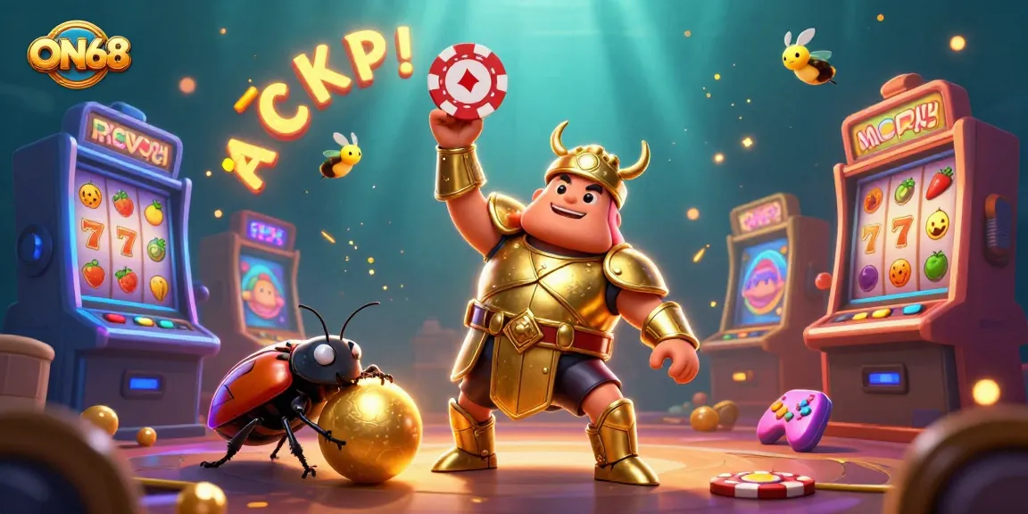 Experience thrilling wins at ON68 with a dynamic gambling scene featuring vibrant characters and colorful slot elements.