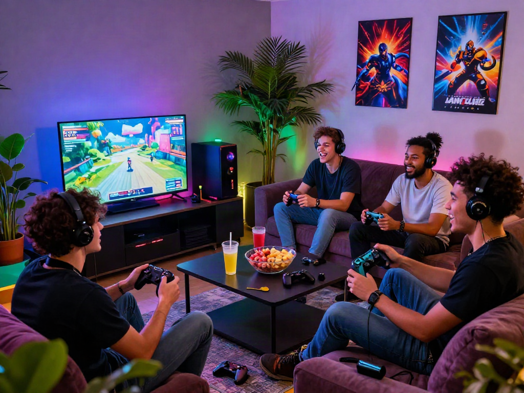 Friends enjoying a lively game night playing xxx games in a colorful lounge.