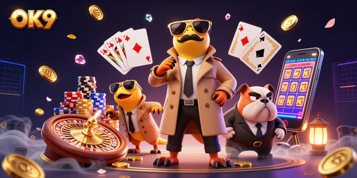 Experience the excitement of OK9 at a VIP casino lounge with playful raptors and gold coins.