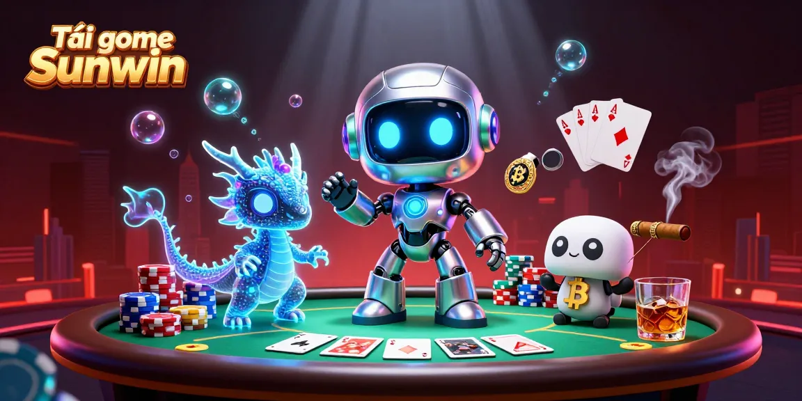 Tải game Sunwin with a neon cyberpunk robot mascot, AI dragon, and crypto-themed elements showcase an exciting casino scene.