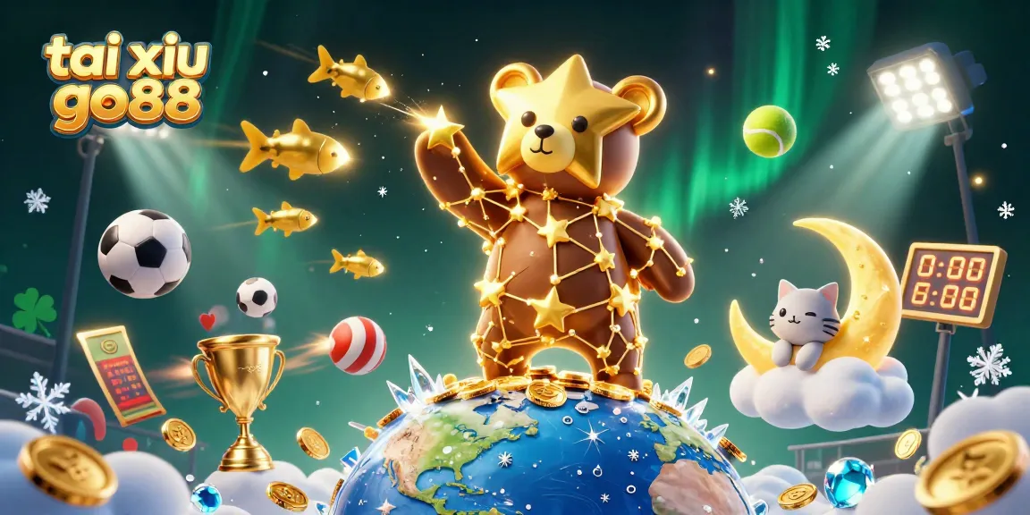 Join tai xiu go88 games with a winning constellation bear scooping coins, surrounded by sports action.