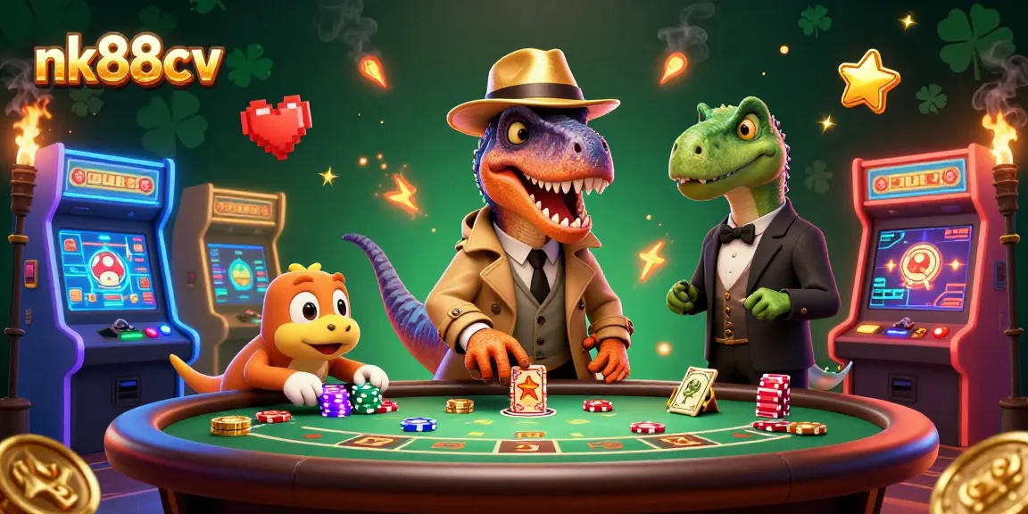 Engage in thrilling betting action at nk88cv with a cartoon velociraptor and casino elements.
