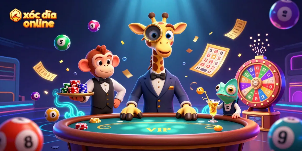 Cute characters play xóc đĩa online surrounded by vibrant casino elements, creating an engaging scene.