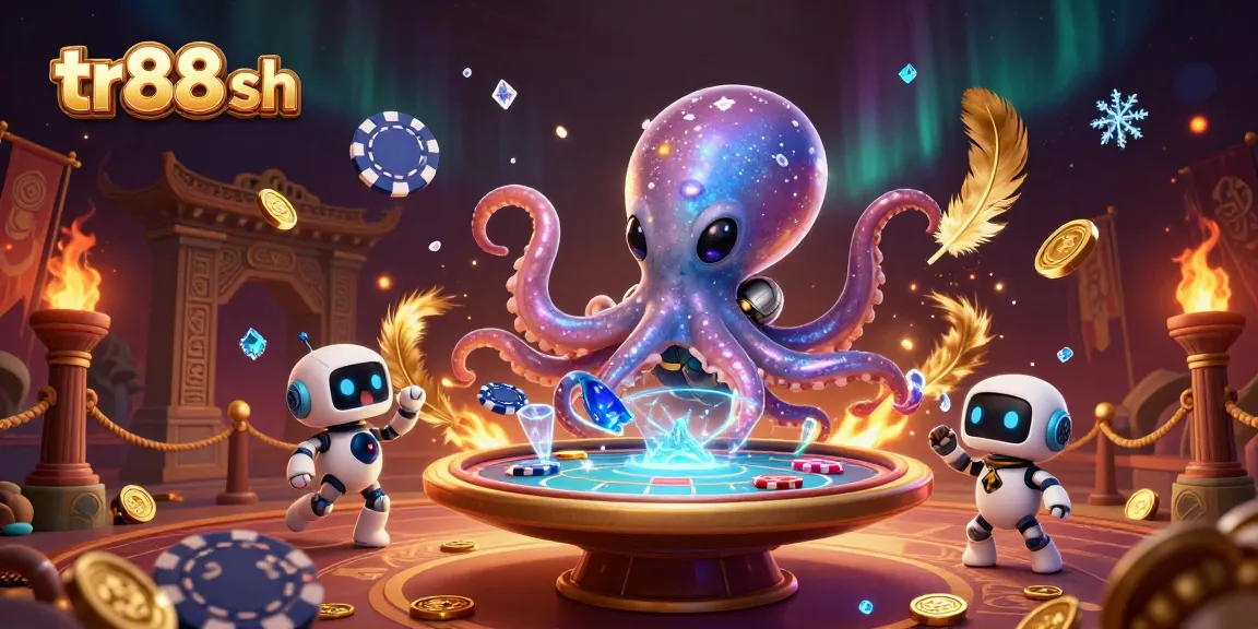 Experience tr88 sh with a vibrant 3D casino scene featuring an alien octopus and poker elements.