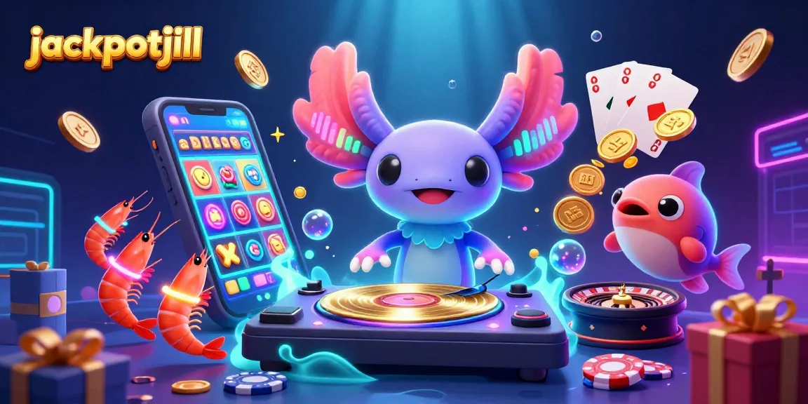 Experience the vibrant jackpotjill scene with a neon axolotl DJ, lively shrimp, and exciting slot game action!