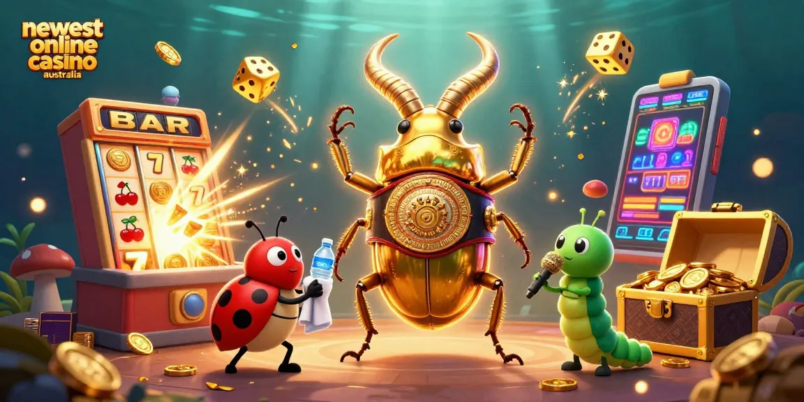 Experience the newest online casino Australia with a vibrant 3D scene illustrating giant beetles and slot machines.